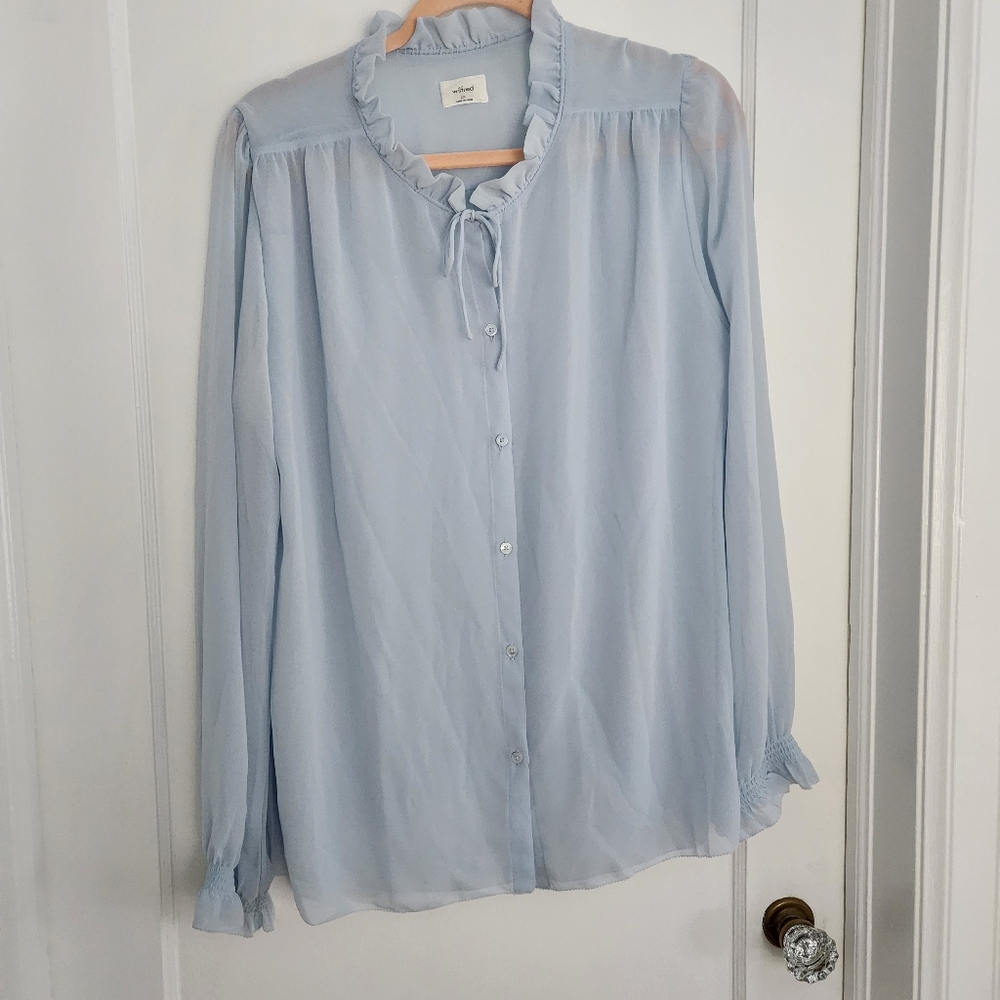 Blue Mesh Button Up Blouse from Wilfred Aritzia